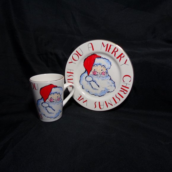 Rosanna Porcelain Christmas SET 8" Plate and Matching 4.5 " Mug Santa gold trim - Picture 8 of 16